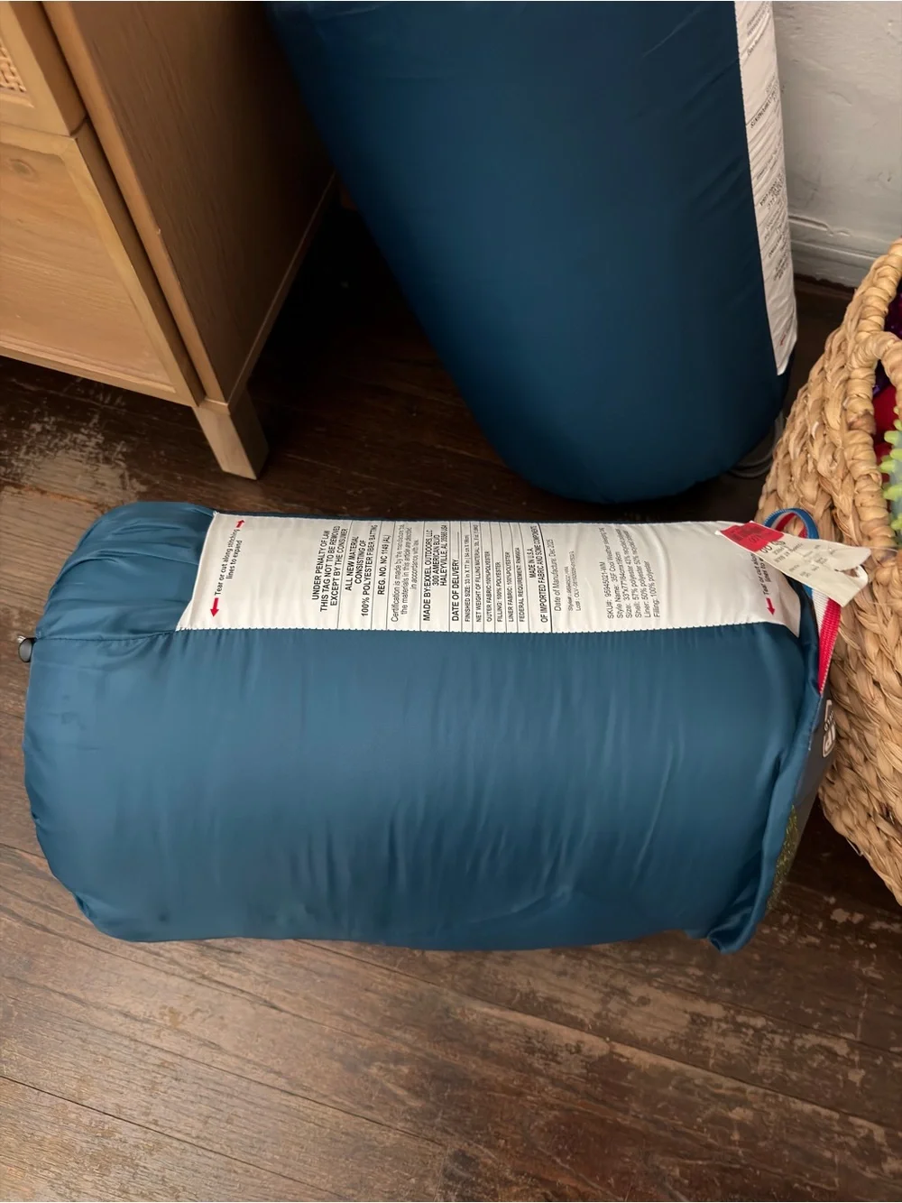 Ozark Trail Blue and White Sleeping Bag with Red, White & Blue Carry Handle